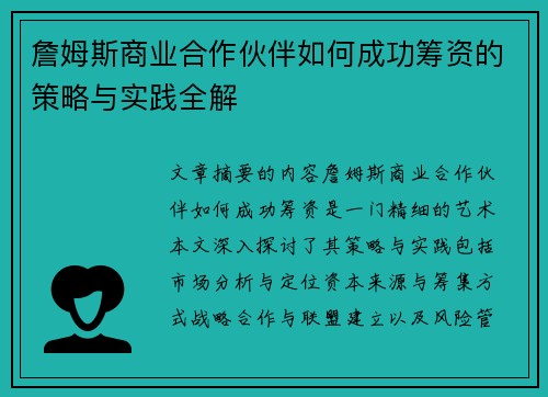 詹姆斯商业合作伙伴如何成功筹资的策略与实践全解 詹姆斯商业合作伙伴如何成功筹资的策略与实践全解