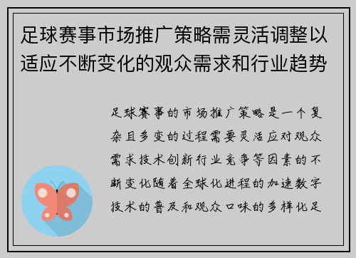 足球赛事市场推广策略需灵活调整以适应不断变化的观众需求和行业趋势 足球赛事市场推广策略需灵活调整以适应不断变化的观众需求和行业趋势