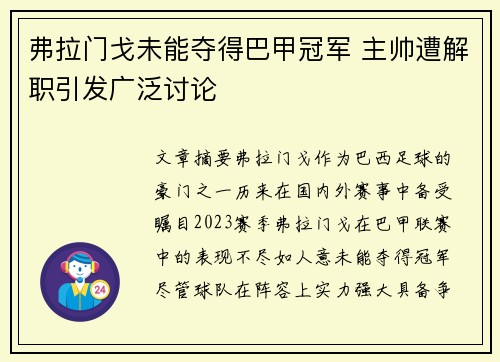 弗拉门戈未能夺得巴甲冠军 主帅遭解职引发广泛讨论 弗拉门戈未能夺得巴甲冠军 主帅遭解职引发广泛讨论
